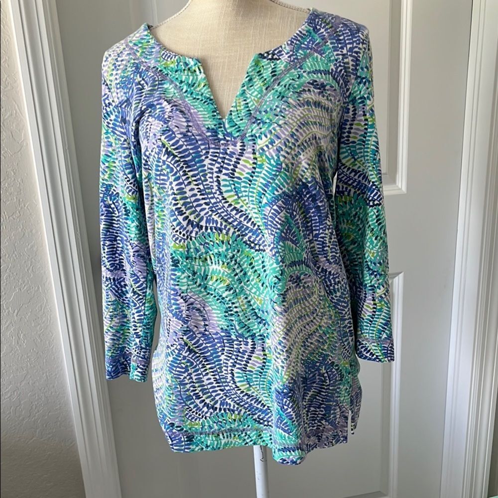 Lilly Pulitzer Justine Tunic Indigo Midnight Cove Soft V Tunic sweatshirt SZ S